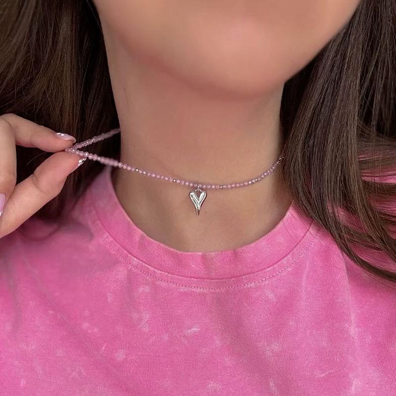 Fashion Crystal Heart Pendant Necklace For Women Boho Barlotte Imitation Pearl Chain Jewelry Valentine's Gift N526