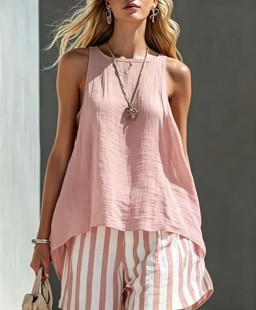2026 cross-border new European and American style sleeveless striped suit women's summer loose casual two-piece set cross-border trendy