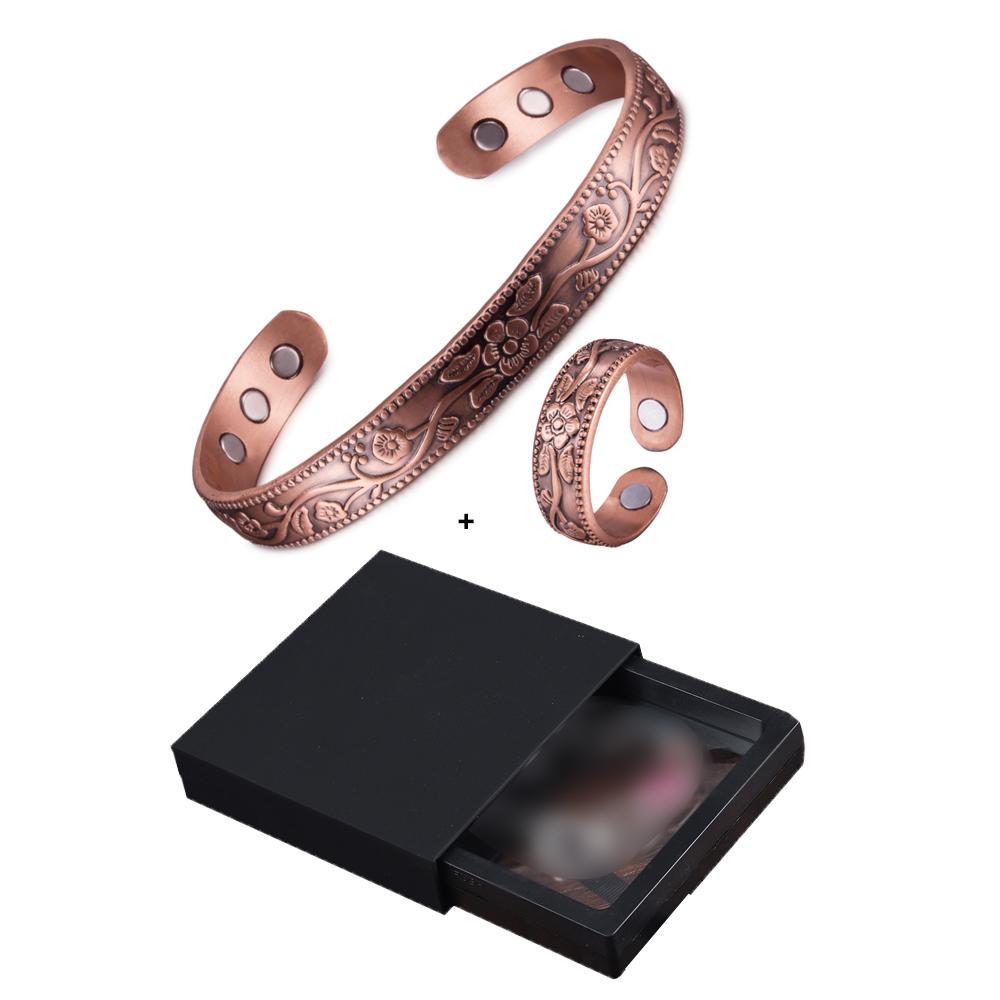 Ikuinen Магнитный комплект ювелирных изделий из чистой меди, регулируемый браслет, кольцо, винтажный комплект украшений с цветком для женщин и мужчин