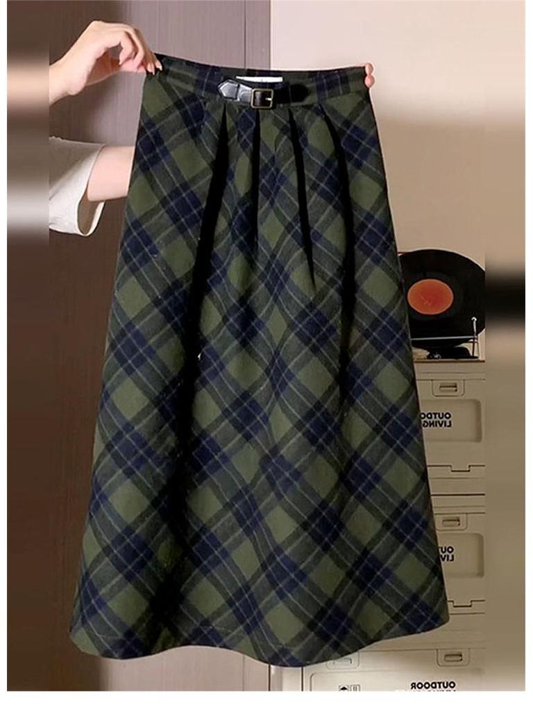 Green Faux Two-Piece Knitted Sweater Dress – Women's Korean Style Plaid Long Dress for Spring & Autumn