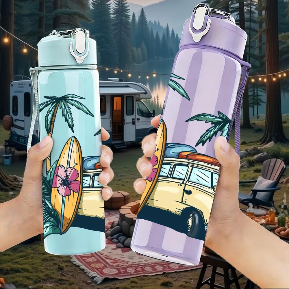 1PC Surf Van Palm Tree Ocean Retro Beach Art 750ml Color Plastic Sports Water Bottle Leakproof Flip Straw Lid Suitable for Sports Office Home Use