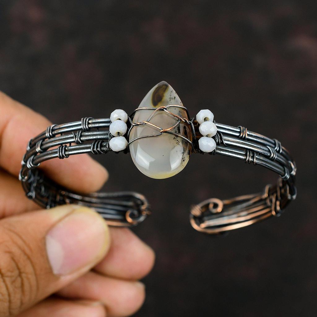 Montana Agate Cuff Blue Lace Agate Beads Bangle Copper Wire Wrapped Jewelry Adjustable Cuff Bracelet Handmade Gemstone Cuff Copper Jewelry