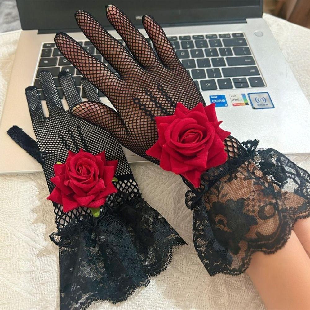 Rose Flower Fishnet Gloves Thin Mesh Mittens Unique Lace Gloves  Party