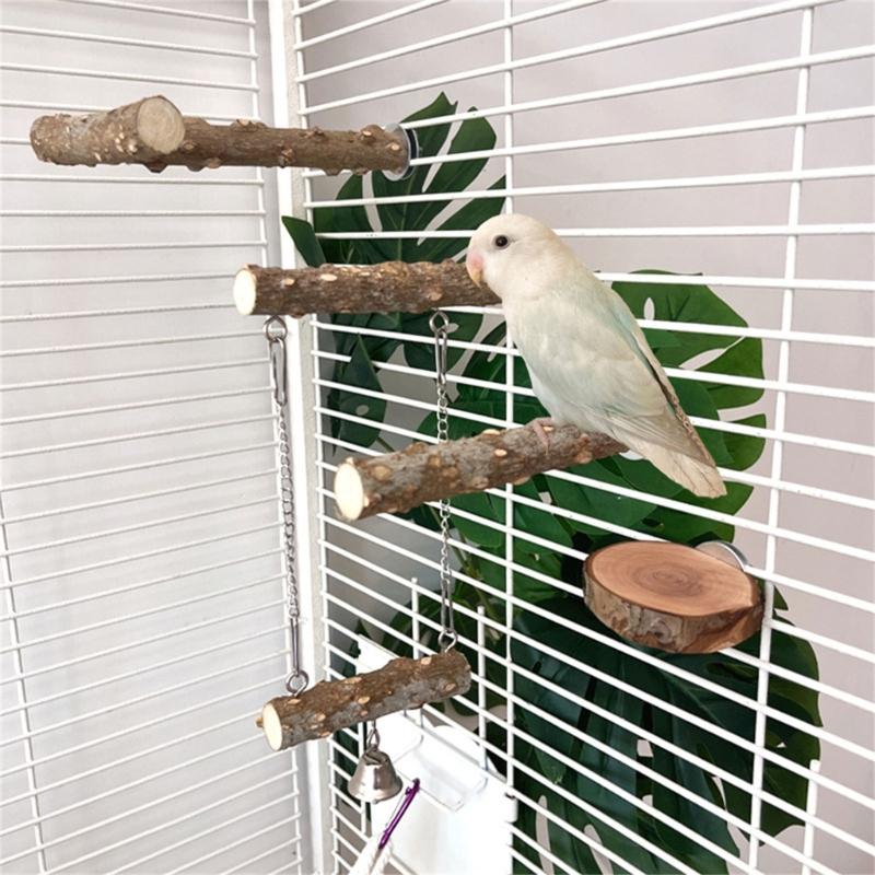 4PCS Natural Wood Parrot Perch Toy Set Includes Swing Platform And Climbing Accessories For Bird Engaging Play
