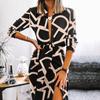 Autumn Women's New European and American Printed Long-sleeved Sexy Deep V Split Hip Skirt Set M973