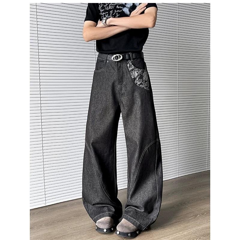 American cleanfit retro jeans men's summer primary color splicing jacquard deconstruction loose wide-leg trousers