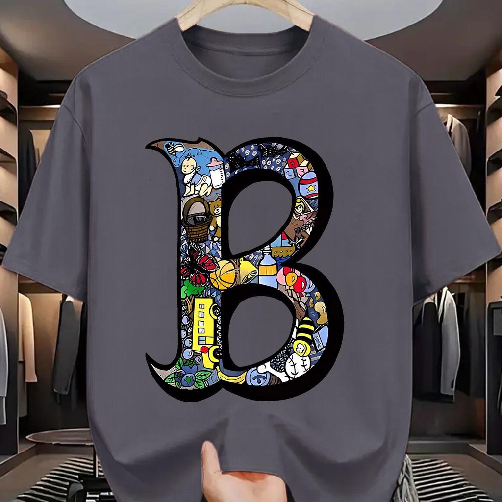 Letní pánské 100% bavlněné sportovně-ležérní módní volné nadměrné velikosti kreativní s potiskem písmena B kulatý výstřih krátký rukáv tričko top
