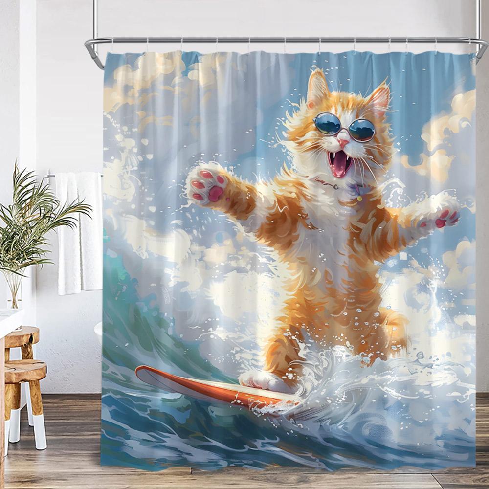 Funny Animals Shower Curtain Cat Riding Shark Corgi Dog Cartoon Children Bathroom Curtain Kids Polyester Bath Decor with Hooks