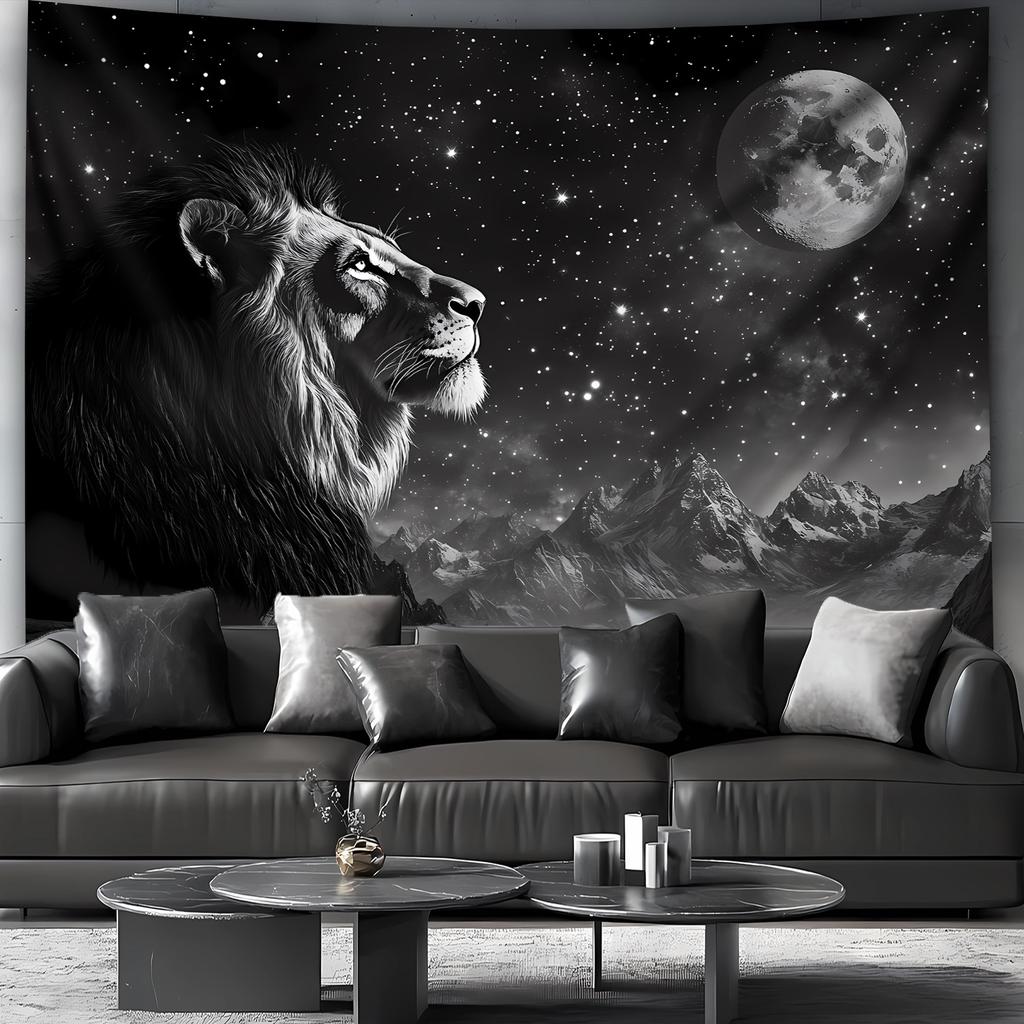 Majestueuze Leeuw Sterrennacht Wandkleed Wanddecoratie Melkweg Maan Berg Safari Decor Bohemien Jungle Dierenlandschap Kunstwerk Kamer