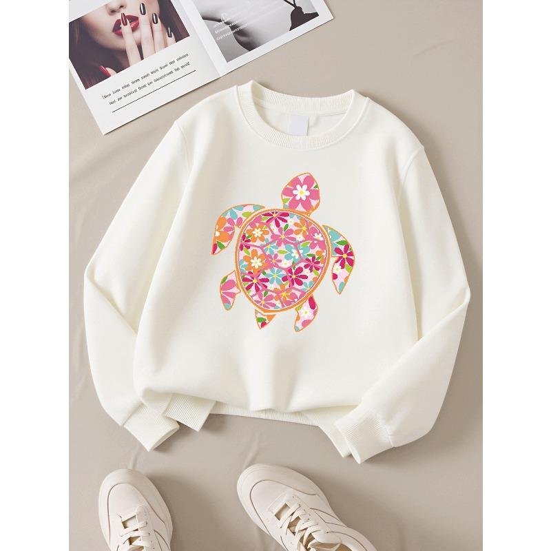 Kids Sweatshirt, Crew Neck Fashion Top, Fun "Floral Turtle Pattern" Patterned Sweatshirt, Suitable for Everyday Casual Wear