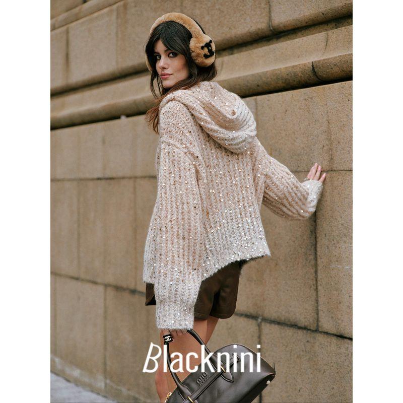 Blacknini Yin Huafu/"Gold Ingot" German Machine-Made Ingot Needle Mohair Wool Hooded Knit Cardigan