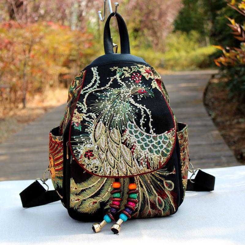 Ethnic Embroidered Women's Backpack with Sequins and Phoenix Peony Design