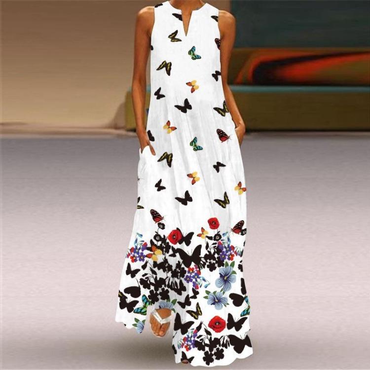 2024 Summer Women V Neck Sleeveless Maxi Dress Digital Print Pocket European American Style Sizes S To 5XL