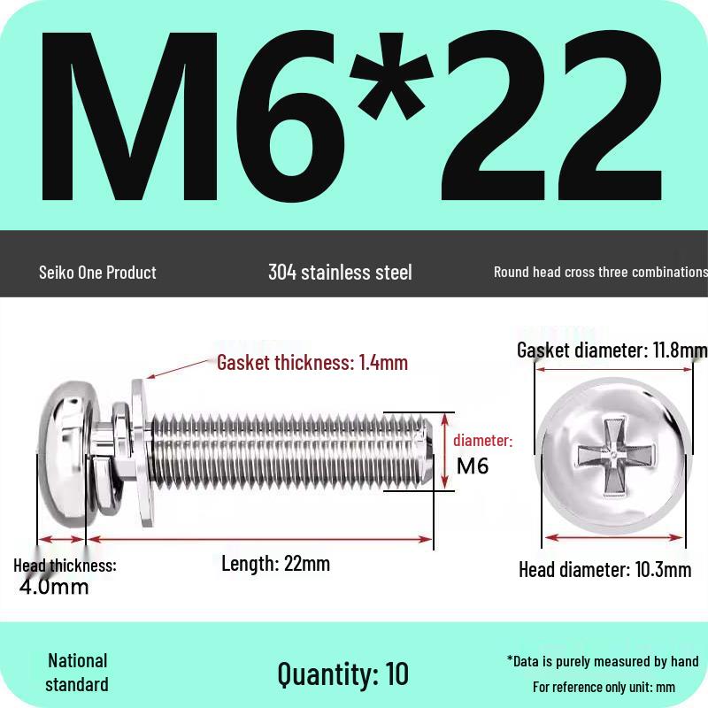 304 Stainless Steel Phillips Round Head Screw with Flat Washer M3/M4/M5/M6