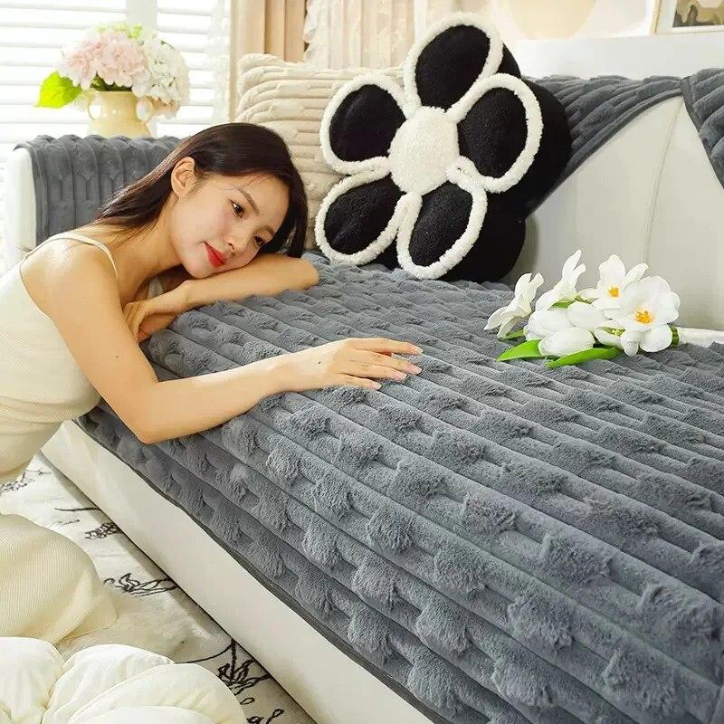 Kaninchen Plüsch Neue Chinesische Stil Sofa Kissen Winter Verdickt Europäischen Stil Anti-rutsch Sofa Abdeckung Abdeckung