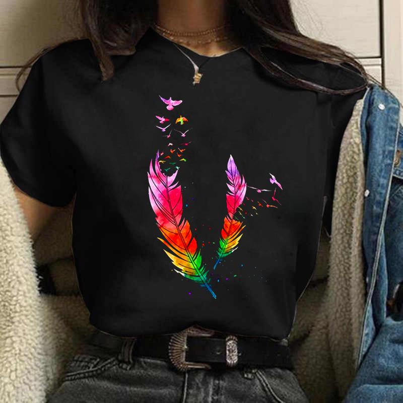 Women's T-shirt Watercolor Feather Graphic Printed T Shirt Women Short Sleeve Tshirt 90s Streetwear Female Clothes Tops