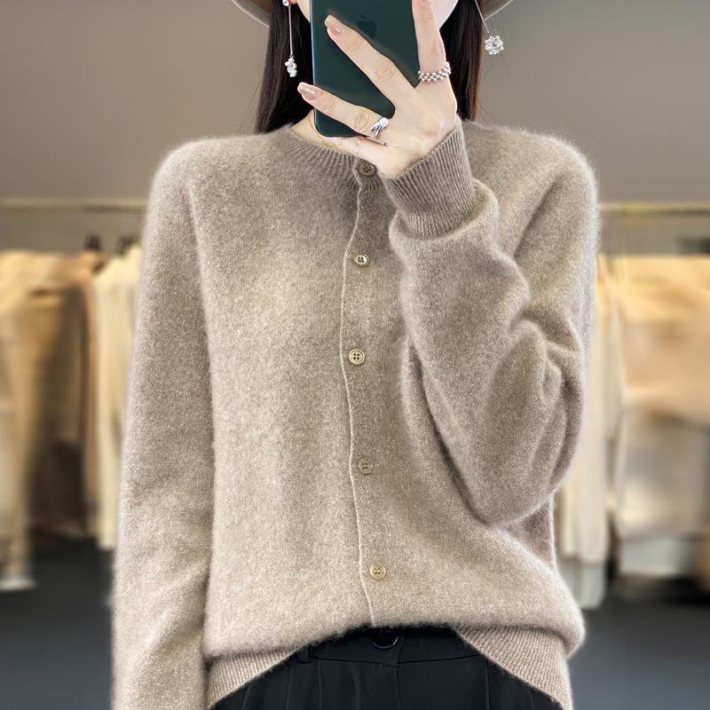 Autumn Women's Loose Fit Long Sleeve Pure Wool Cardigan Sweater