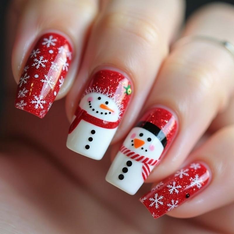 

White Snowflake Press On Nail Medium Square Artificial Nail Snowman Full Cover Stick on Nail Christmas False Nail 1