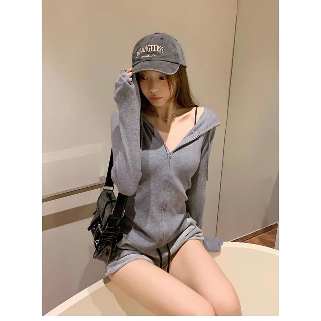 Women's Gray Spicy Girl Long-Sleeve Zippered Fishbone Slim Fit Autumn Base Layer Top