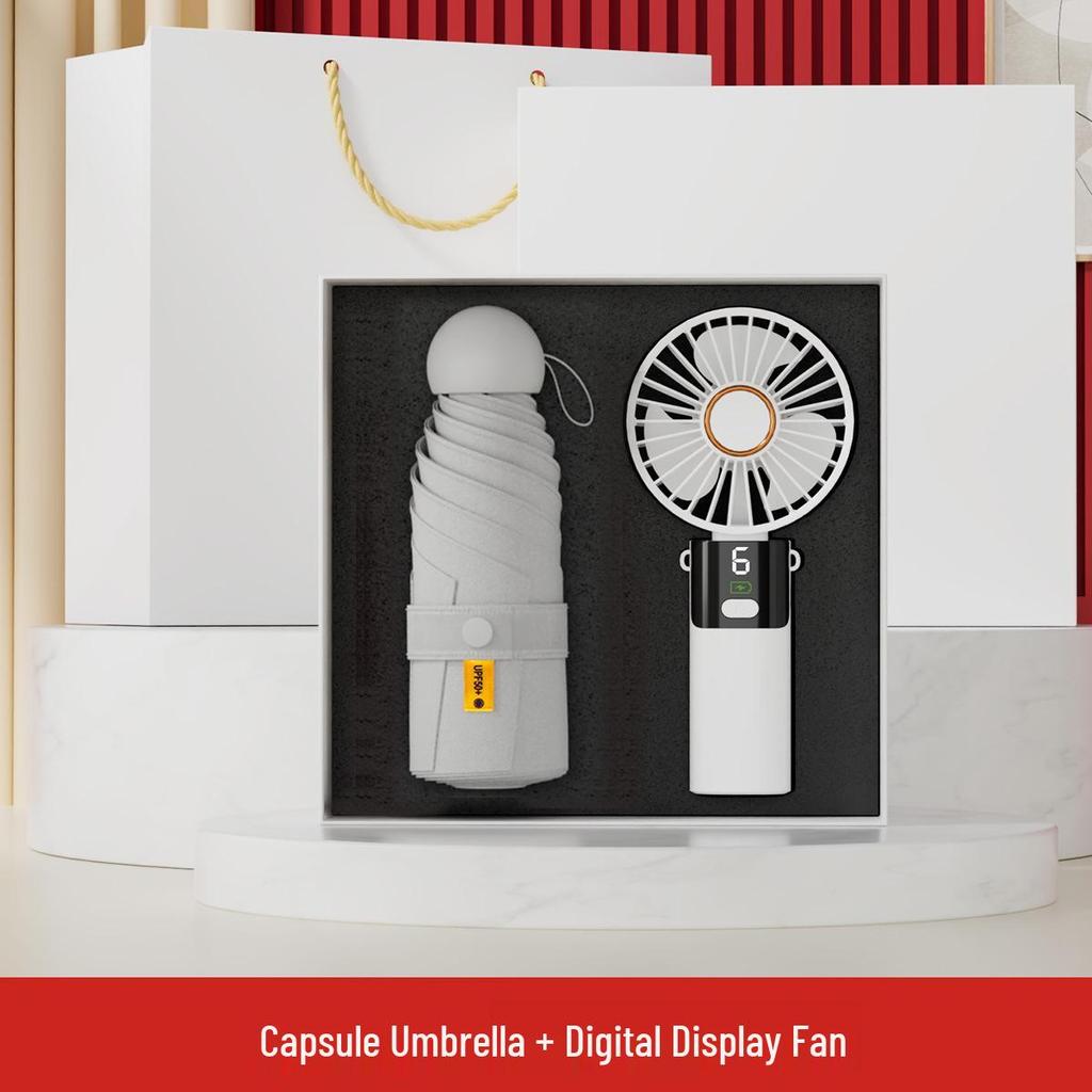 Digital Display Coffee Cup & Handheld Fan Business Gift Set for Leaders & Colleagues - Customizable with Logo