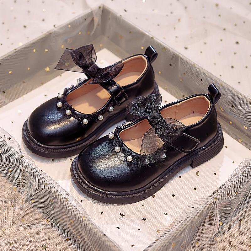Girls leather shoes bow pearl princess shoes 2025 autumn new children's single shoes soft sole girls performance shoes