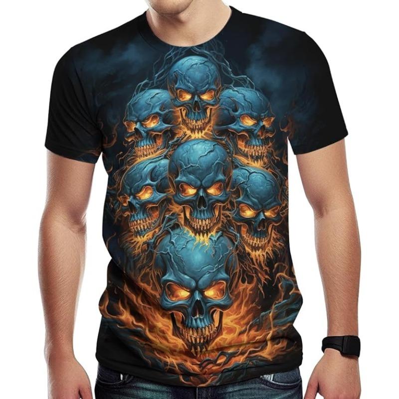 Men's Summer 3D T-shirt Fashionable Casual Loose Pattern Skull Print Round Neck Short Sleeved T-shirt Top S- 6XL