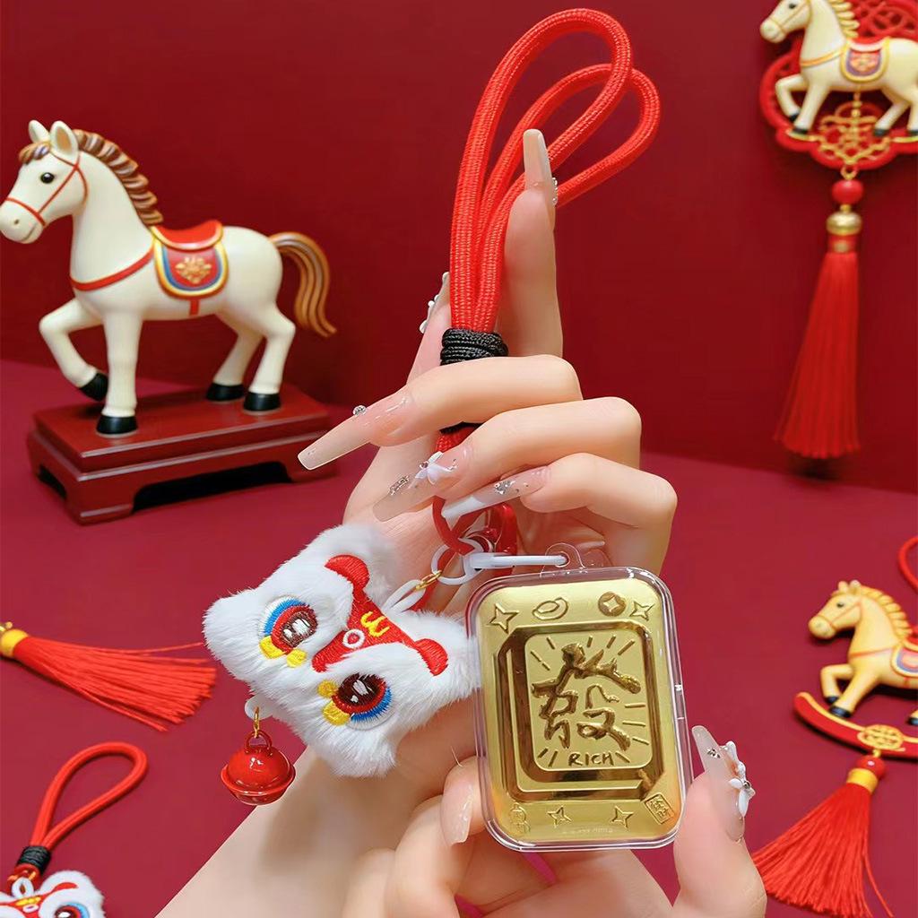 Golden Treasure Chest Phone Charm: Pure Gold Keychain with Auspicious Sign Lanyard Gift