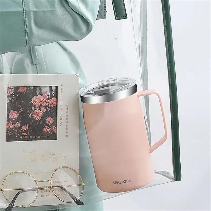 1Pcs 304 Stainless Steel Coffee Mugs Portable Cups Heat Insulation Anti-fall Thermos Mug Home with Cover and Handle Mug