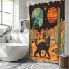 1pc Retro 60s Space Cat Shower Curtain - Astronaut Feline on Desert Planet with Cacti & Stars, Vibrant Polyester Fabric Bathro