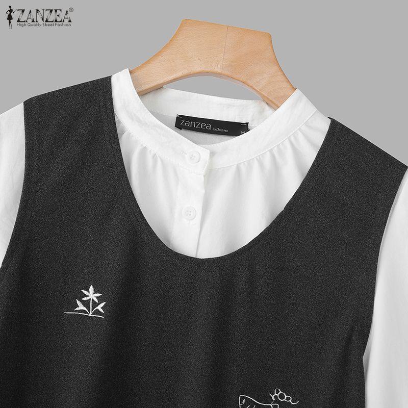 ZANZEA Women Casual Round Neck Long Sleeve Patchwork Blouse