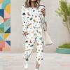 Women Plus Size Printed Two Piece Set Round Neck Long Sleeve Cuffed Top Cuffed Pants With Pockets