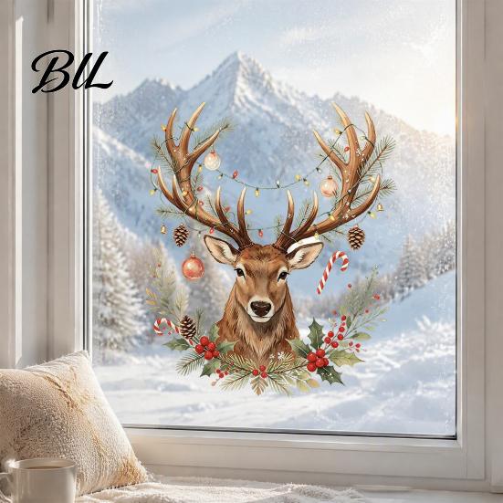 Festive Window Clings Christmas Watercolor Reindeer Cling, Removable Reusable Elk Head Static Sticker Decal, Animal Decorative Glass for Holiday Party