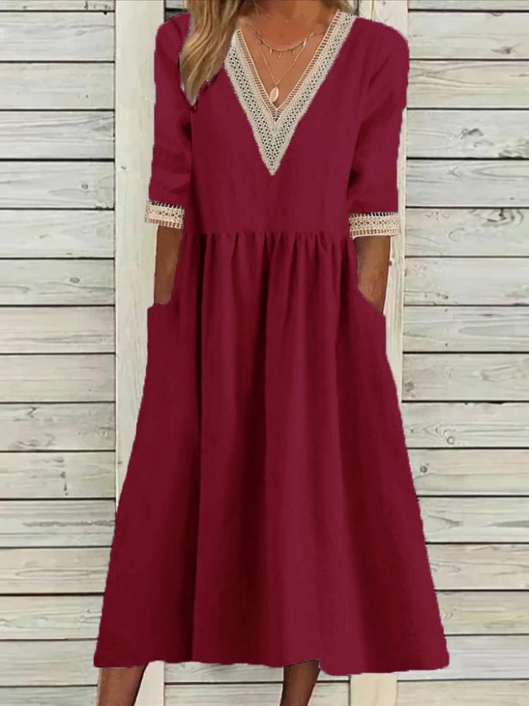Kleid, Lockeres Baumwoll-Leinen-Rundhals-Fünf-Knopf-Mittelkleid