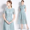 Summer Women's Retro Round Neck Lotus Leaf Sleeve Lace Dress Looks Slim and Elegant Long Skirt