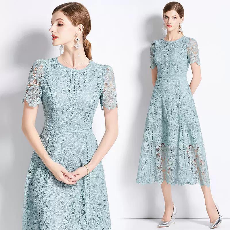Summer Women's Retro Round Neck Lotus Leaf Sleeve Lace Dress Looks Slim and Elegant Long Skirt