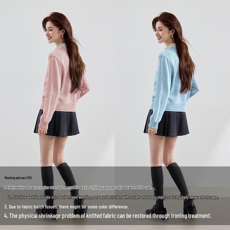VICTORIA&VERA Women's Long-Sleeve Pearl Trim Doll Collar Wool Blend Cardigan