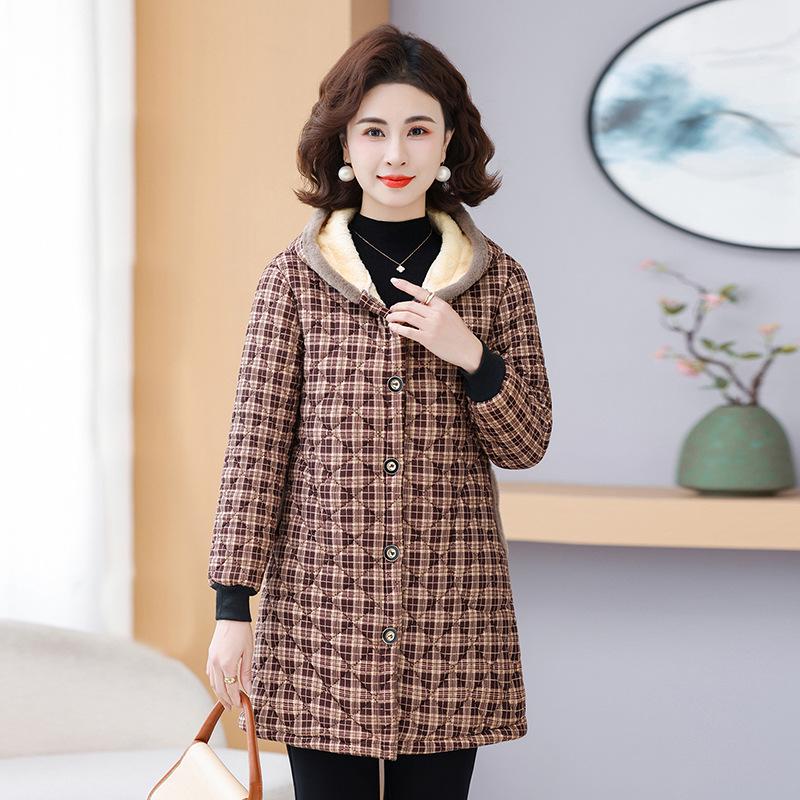 

Stylish Mid-Length Plaid Cotton Coat for Moms: Fleece-Lined, Thickened, and Warm for Middle-Aged and Elderly Women 4XL (135-145 lbs) кавовий