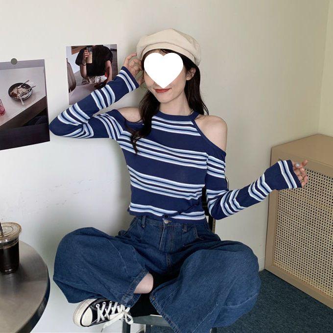 Women's Slim Off-Shoulder Striped Long-Sleeve Knit Sweater for 2025 Spring & Autumn