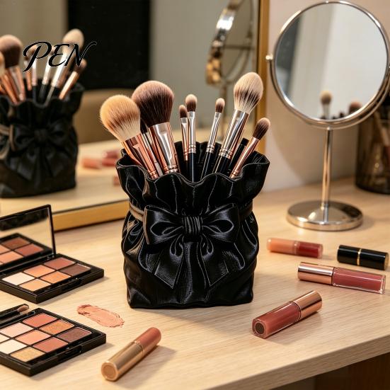 Powder Brush Holder Satin Bow Bag Makeup Holder, 3D Printed Beauty Tool Organizer for Desk, Large Bowknot Pouch Pencil Storage Container Capacity
