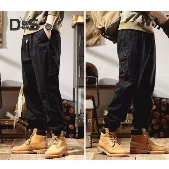 Fall Spring Men Cargo Pants Ankle Banded Loose Wear Resistant Drawstring Elastic Waist Pockets Outdoor Work Trousers