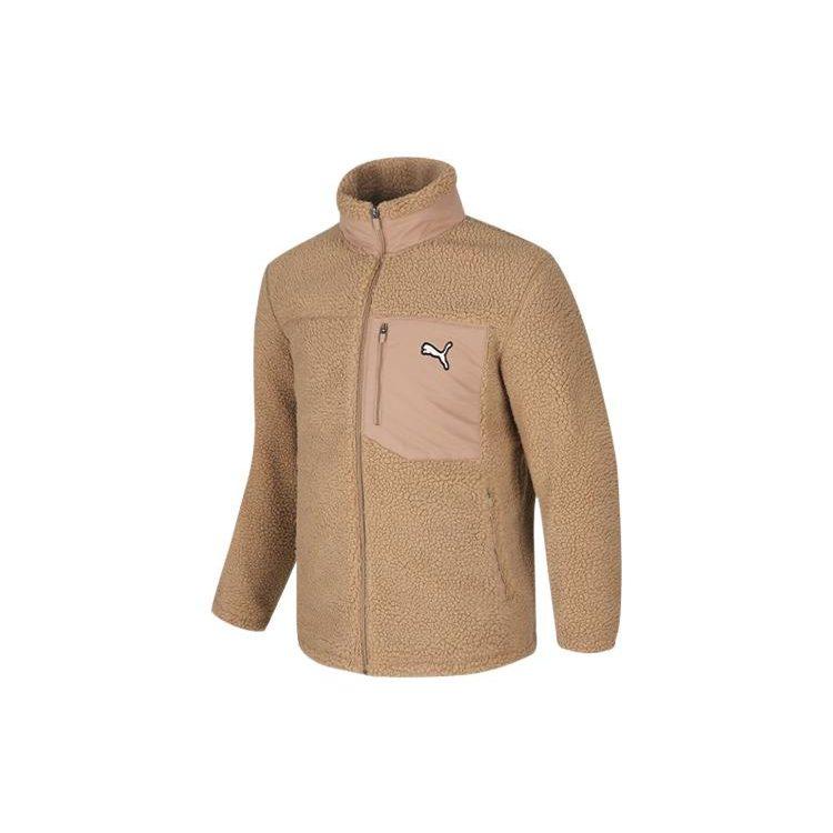 Puma Solid Sherpa Velvet Jackets Unisex Khaki Stand Collar Thickened And Fleece Lined 932667-02