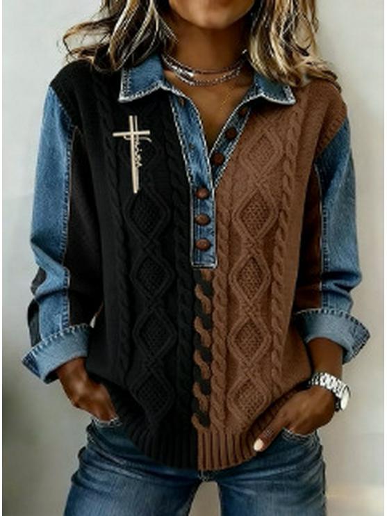 Women's 2026 Denim Lapel Long Sleeve Trendy Pullover Shirt