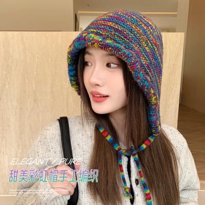 Autumn and Winter Rainbow Color Striped Ear Protector Wool Hat Women's Face Small Lace-up Contrasting Color Bag Head Knitted Hat