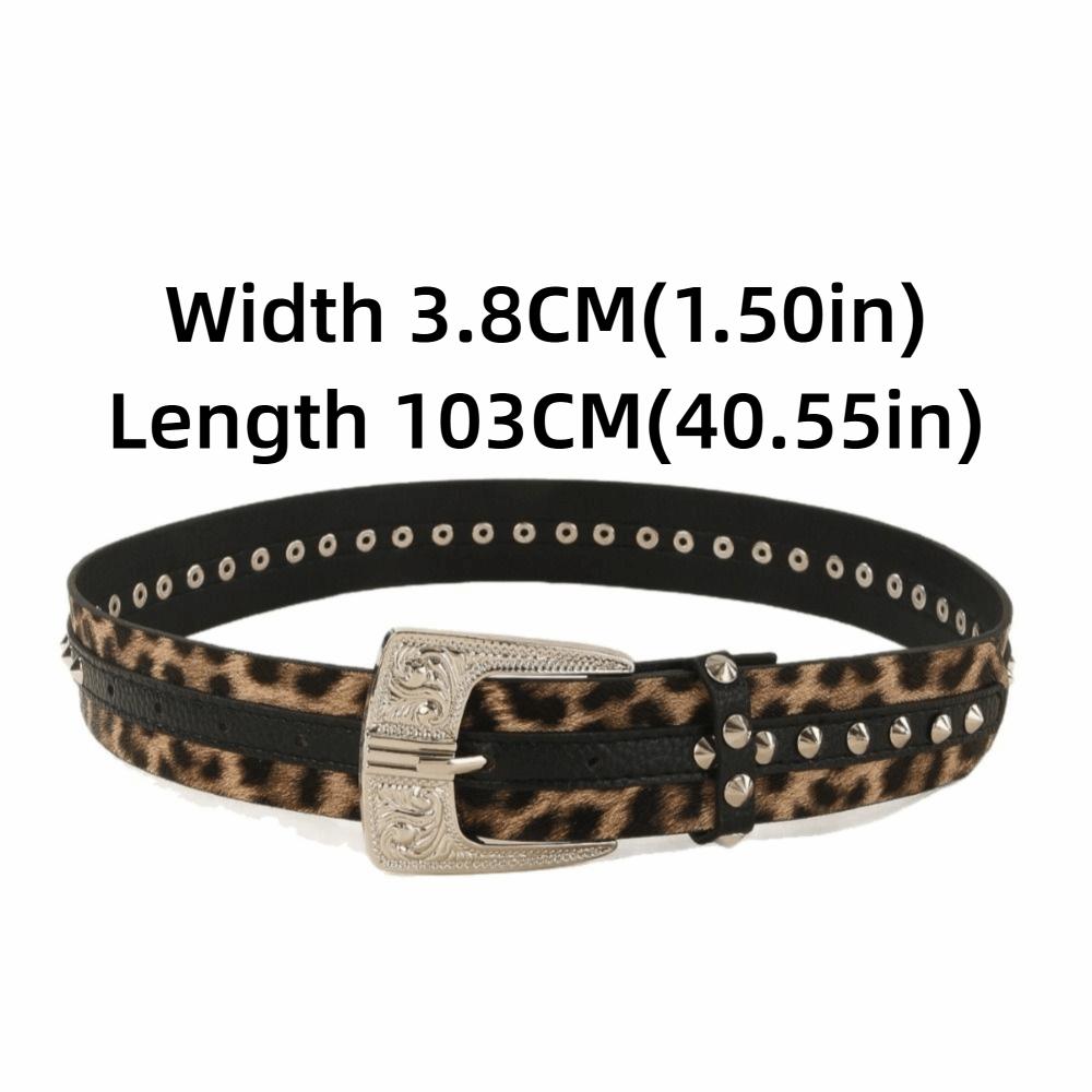 Rivet Decor Leopard Print Belt Engraved Design Waist Belt Retro PU Leather Belt Cowboy Style