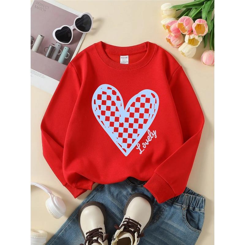 European sizes Girls' Crewneck Sweatshirt - Checkered Heart Pattern Print, Soft Comfy Sportswear for Children & Teens