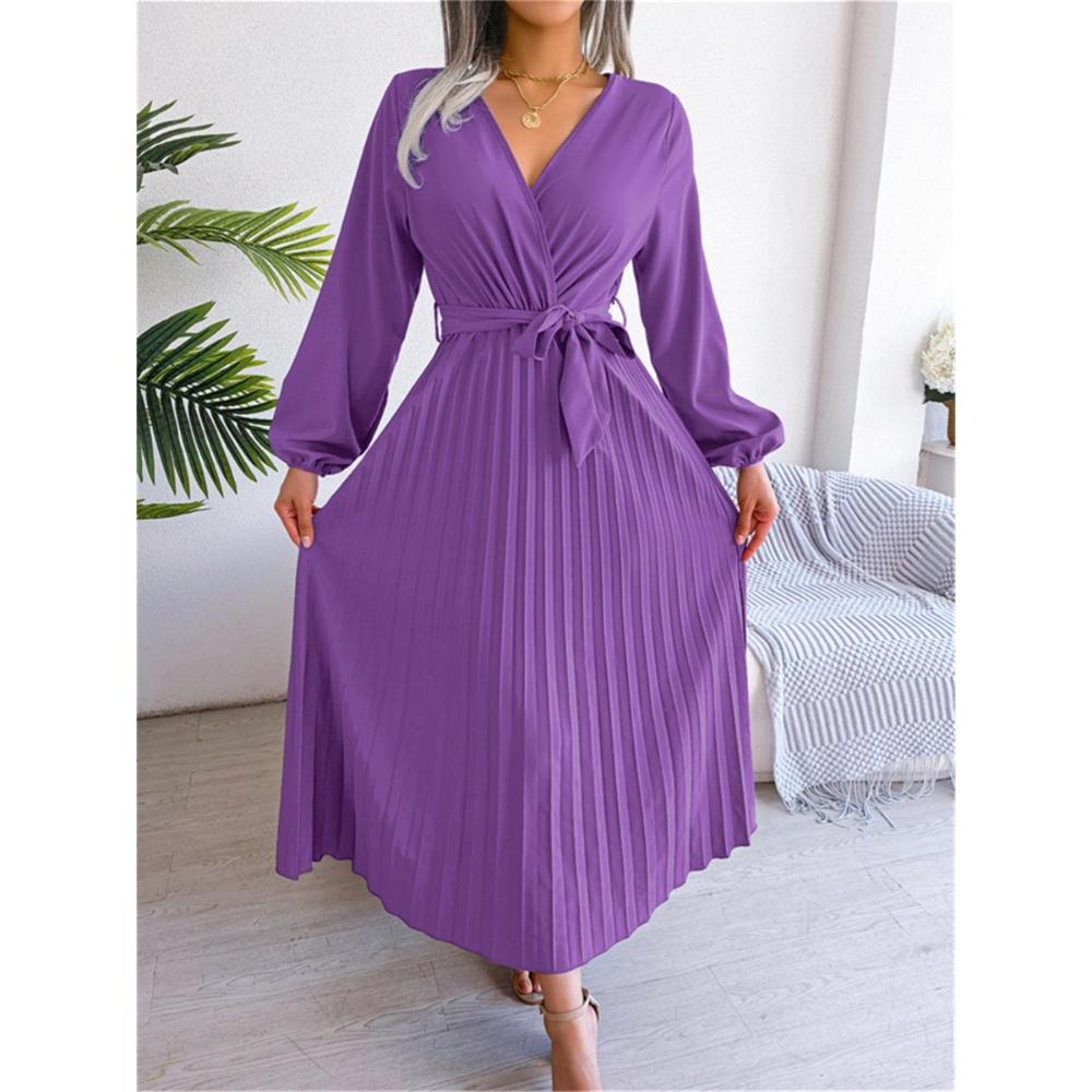 

Новое осенне-зимнее элегантное платье с V-образным вырезом и плиссировкой на бретелях и длинными рукавами XL фиолетовый