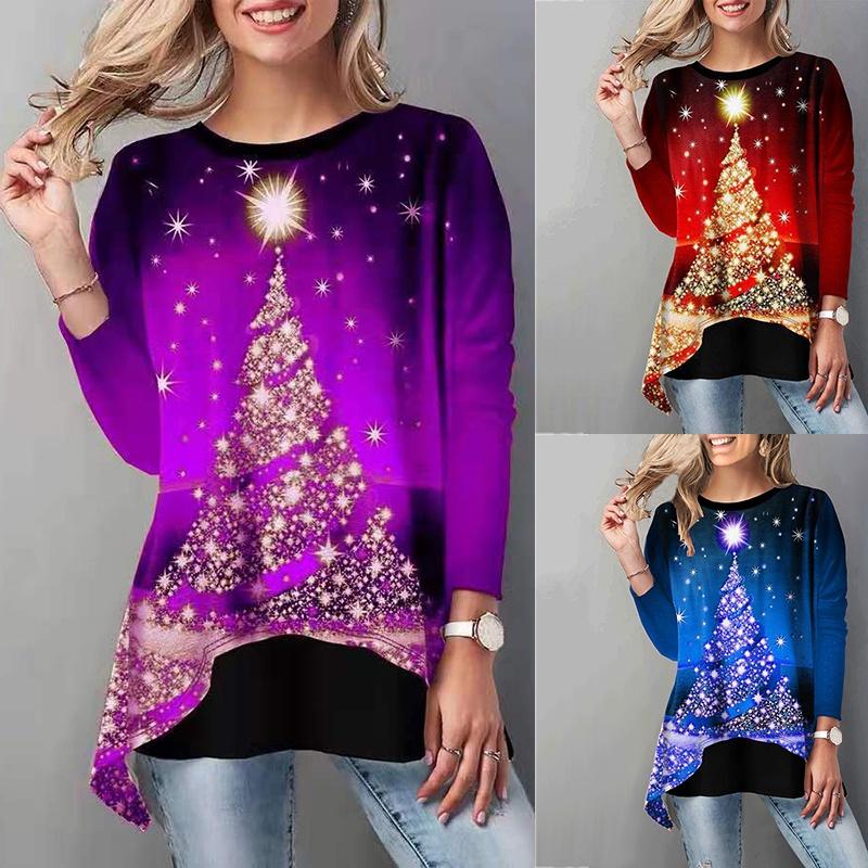 Women Christmas Tree Tops Cozy Long Sleeve Casual Xmas Pullover T Shirt Blouse