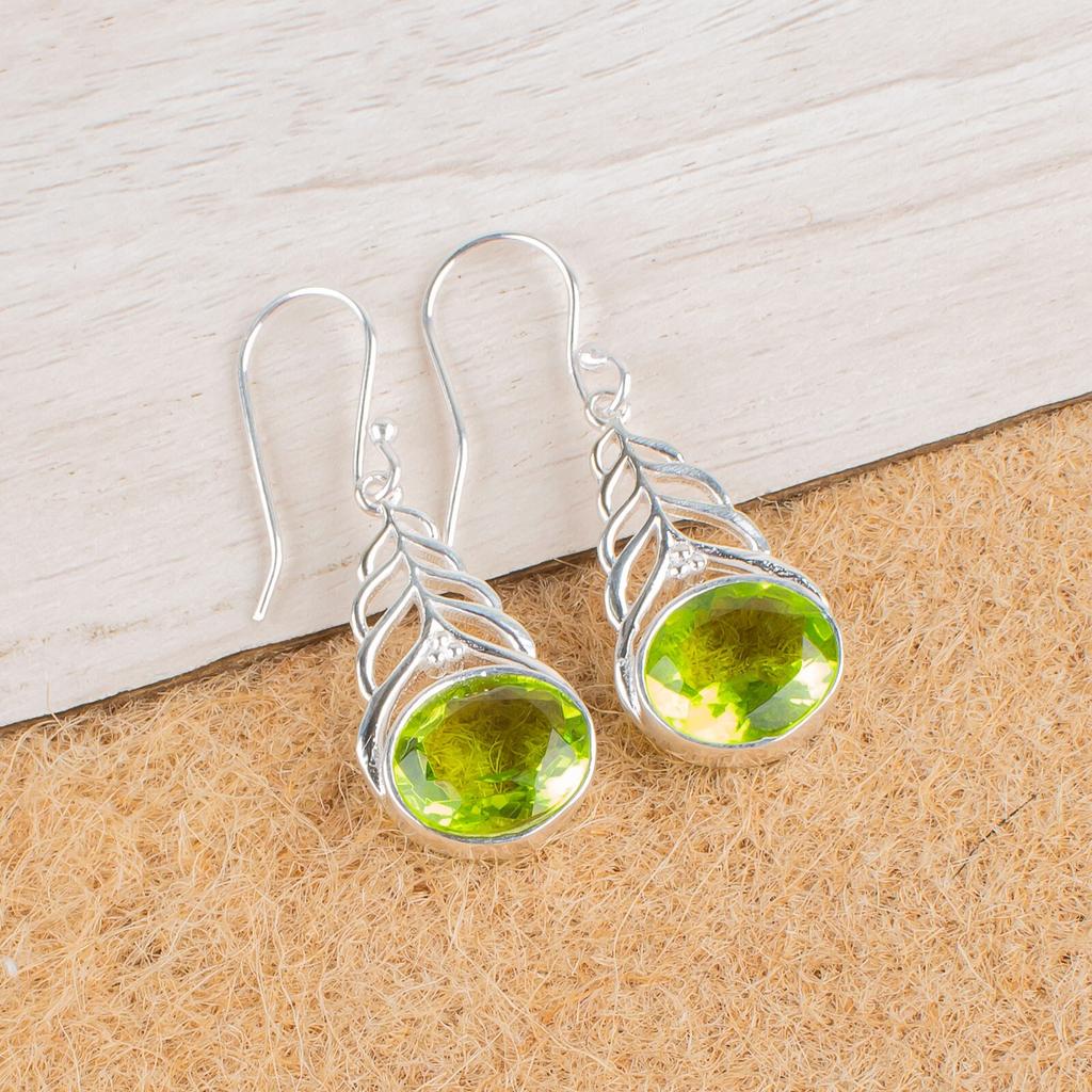 Natural Peridot Gemstone 925 Sterling Silver Jewelry Drop/Dangle Earrings 1.64" CE-1-6