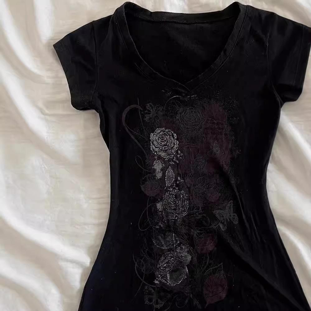 Retro Black Print T-shirt - 210g Pure Cotton, Slim Fit, Waist-Lined, Unique Design, Temperamental Style, 40s