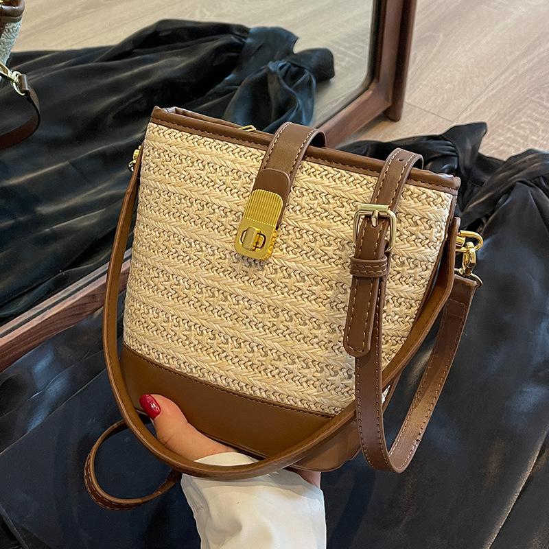 

Модная портативная плетеная сумка женская новая высококачественная текстурированная соломенная сумка на плечо сумка-мессенджер повседневная сумка-ведро